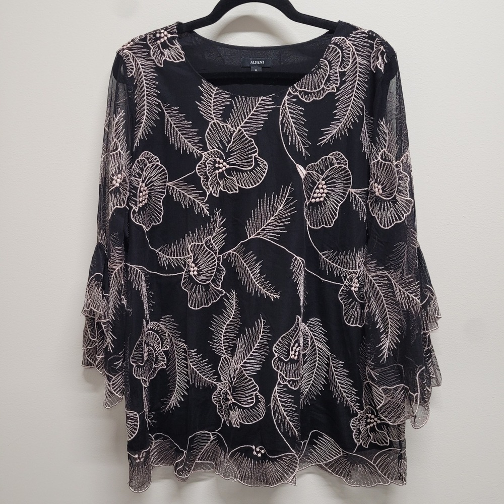 Alfani Womens XL Black Floral Embroidered Mesh Bell Sleeve Blouse Scalloped Hem